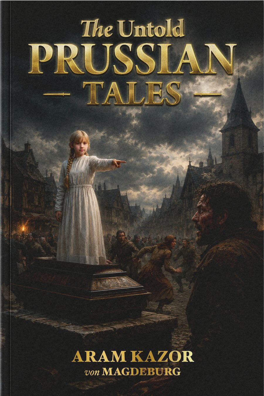 Book cover of The Untold Prussian Tales by Aram Kazor von Magdeburg, featuring a young girl pointing in a dark town
